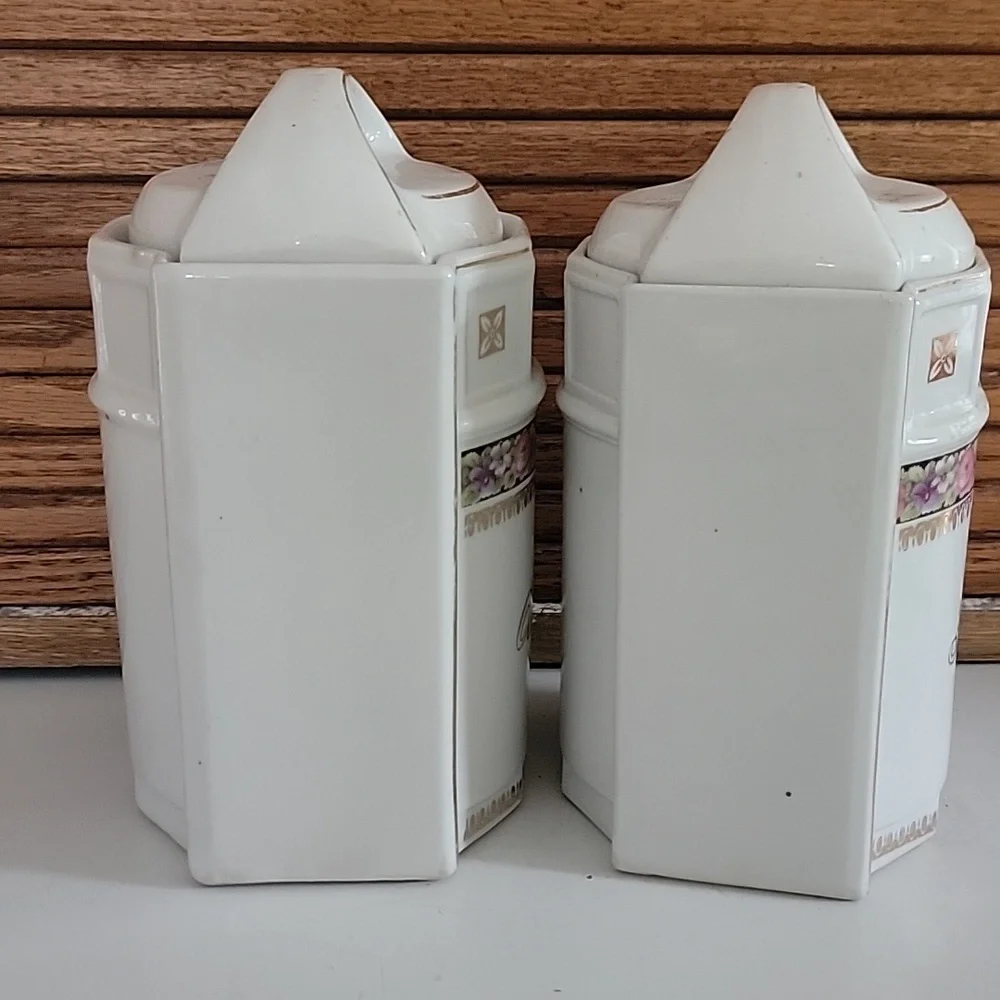 ANTIQUE VINTAGE VICTORIAN Floral Ceramic Canisters OATMEAL RICE LIDS
